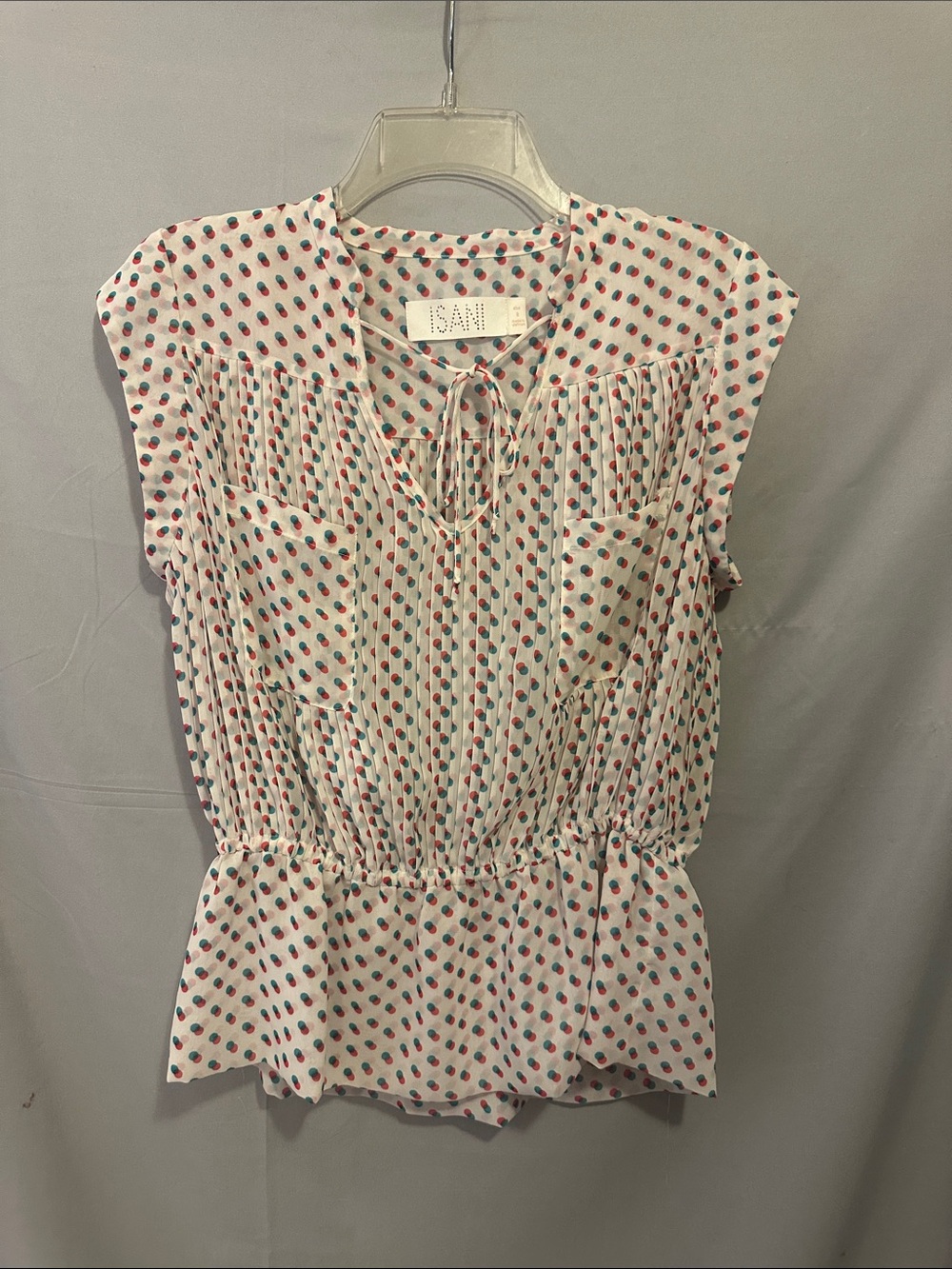 ISANI White Peplum Cap-Sleeve Blouse with Red & Teal Dot Print